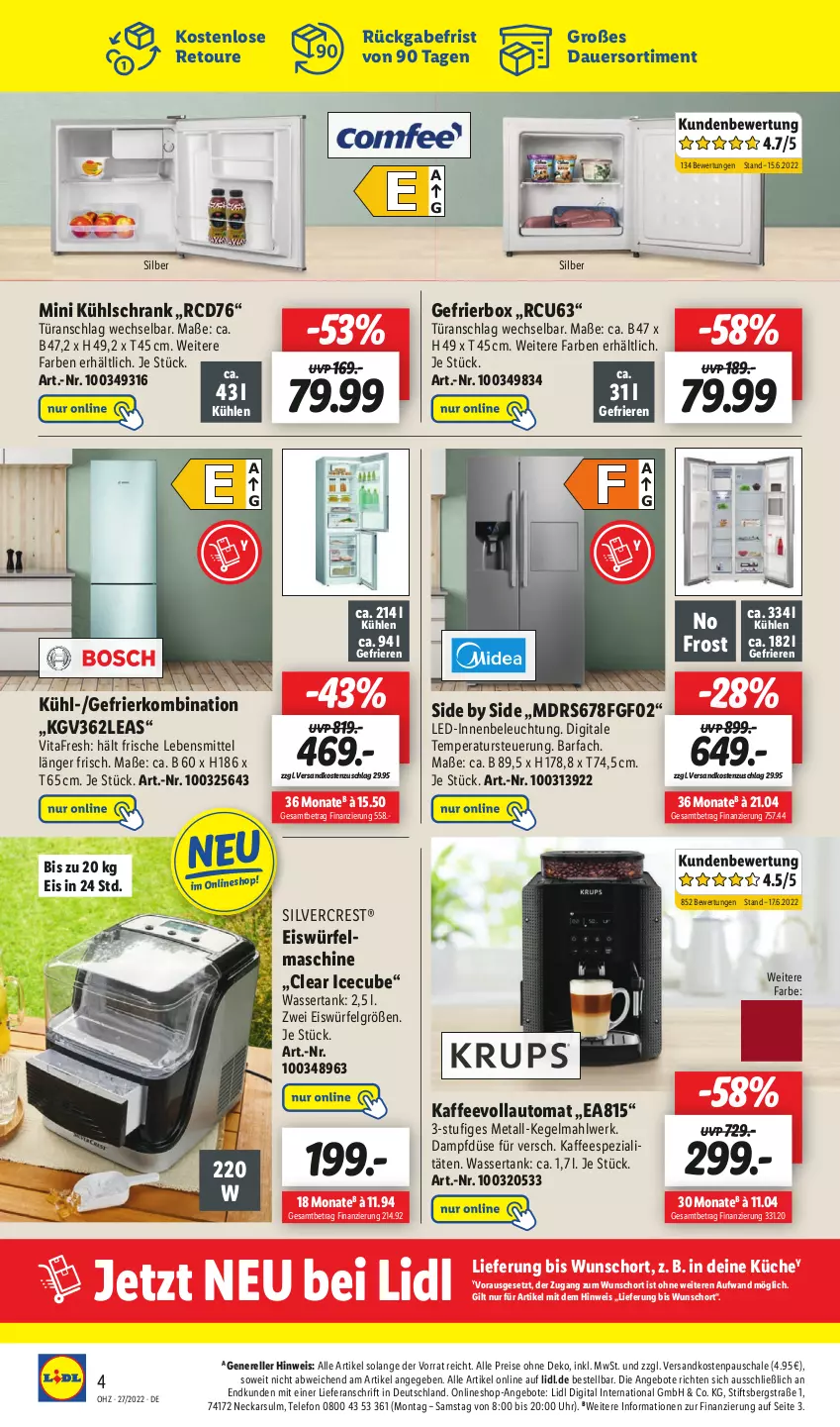 Aktueller Prospekt Lidl - Wochen-Highlights im Onlineshop - von 04.07 bis 10.07.2022 - strona 8 - produkty: angebot, angebote, auer, auto, beleuchtung, eis, eiswürfel, elle, Gefrierbox, gefrierkombination, kaffee, kaffeespezialitäten, kaffeevollautomat, küche, kühlschrank, lebensmittel, LG, ndk, reis, rel, Schal, Schale, Schrank, silvercrest, Spezi, telefon, Ti, türanschlag wechselbar, uhr, vita, vitafresh, wasser, wassertank, würfel