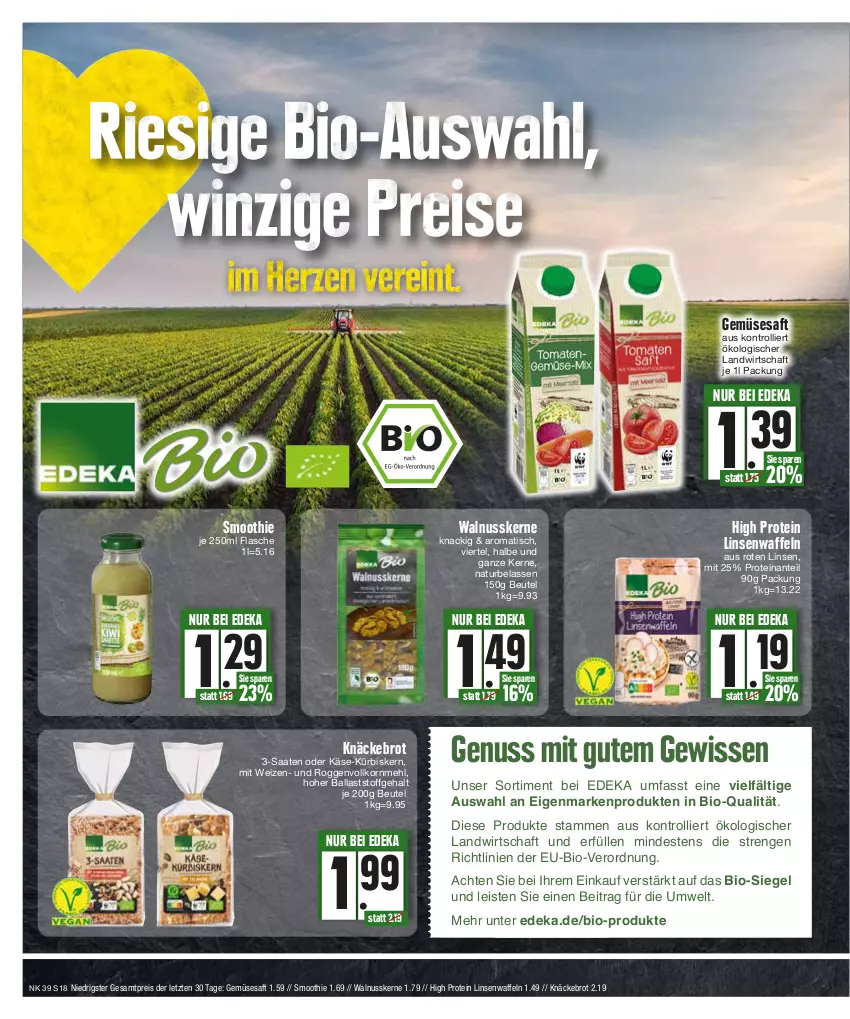 Aktueller Prospekt Edeka - Angebote der Woche - von 25.09 bis 30.09.2023 - strona 18 - produkty: ball, beutel, bio, brot, deka, edeka bio, eis, flasche, Käse, knäckebrot, korn, Kürbis, leine, linsen, mac, mehl, natur, nuss, reis, saft, smoothie, Ti, tisch, trolli, waffeln, walnuss, walnusskerne, ZTE