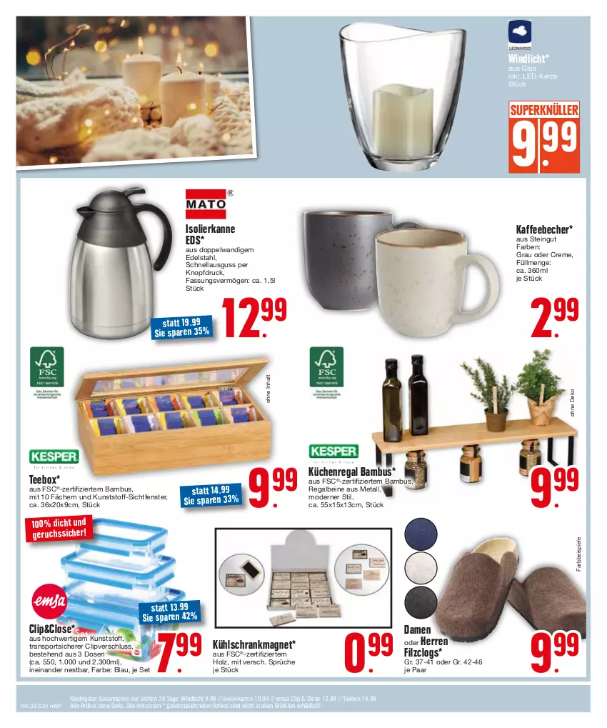 Aktueller Prospekt Edeka - Angebote der Woche - von 25.09 bis 30.09.2023 - strona 24 - produkty: bambus, Becher, Clogs, creme, edelstahl, eis, emsa, fenster, Holz, isolierkanne, kaffee, kaffeebecher, kerze, küche, Küchen, Küchenregal, kühlschrank, LED-Kerze, Mode, regal, reis, Schrank, Spiele, Sport, tee, Ti, windlicht, ZTE