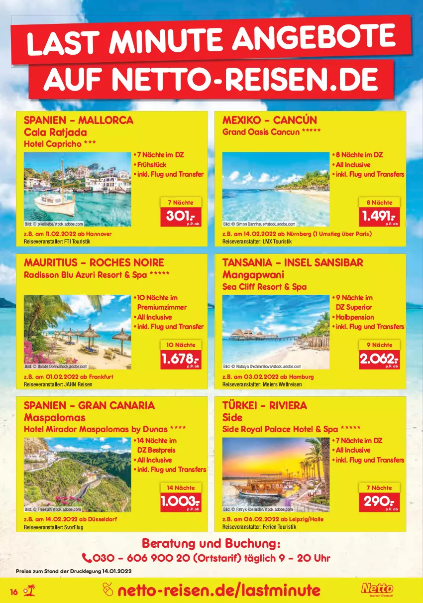 Aktueller Prospekt Netto Marken-Discount - Reise-Angebote Februar - von 27.01 bis 28.02.2022 - strona 16 - produkty: angebot, angebote, auer, bestpreis, buch, Cap, eier, eis, reis, reiseveranstalter, Ria, sim, Surf, Ti, uhr