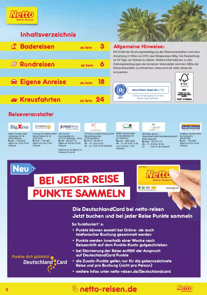 Aktueller Prospekt Netto Marken-Discount - Reise-Angebote Februar - von 27.01 bis 28.02.2022 - strona 2 - produkty: auer, Bad, Berger, Brei, buch, deutschlandcard, drucker, eimer, eis, Engel, erde, Holz, kerze, kreuzfahrten, LG, merci, reis, reiseveranstalter, telefon, Ti, trendtours touristik gmbh, uhr