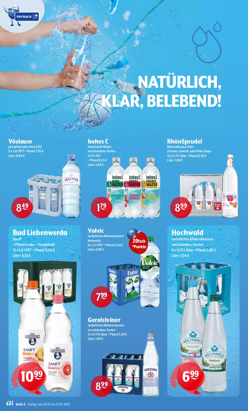 Aktueller Prospekt Getraenke Hoffmann - Prospekte - von 07.07 bis 12.07.2025 - strona 2 - produkty: Alwa, auer, Bad, Bad Liebenwerda, elle, gerolsteine, gerolsteiner, grapefruit, hochwald, Hohes C, limette, Mett, mineralwasser, natur, natürliches mineralwasser, pfirsich, rel, RhönSprudel, Sprudel, steiner, Ti, volvic, volvic natürliches, vöslauer, wasser, zitrone