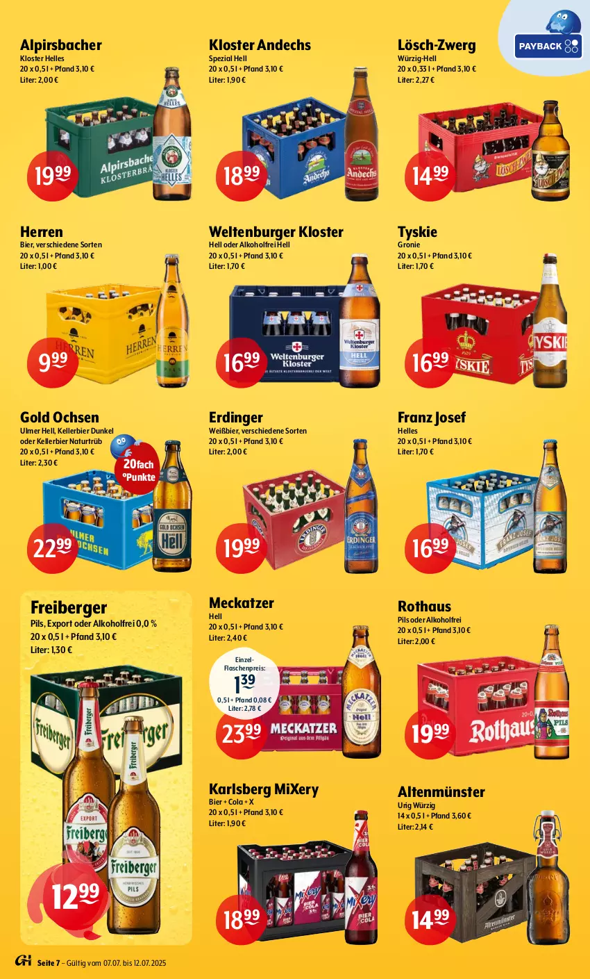 Aktueller Prospekt Getraenke Hoffmann - Prospekte - von 07.07 bis 12.07.2025 - strona 7 - produkty: alkohol, Alpirsbacher, Altenmünster, Berger, bier, burger, cola, eis, elle, erdinger, flasche, Freiberger, karlsberg, karlsberg mixery, kellerbier, Kloster Andechs, Mixer, mixery, natur, pils, reis, Spezi, Ti, tyskie