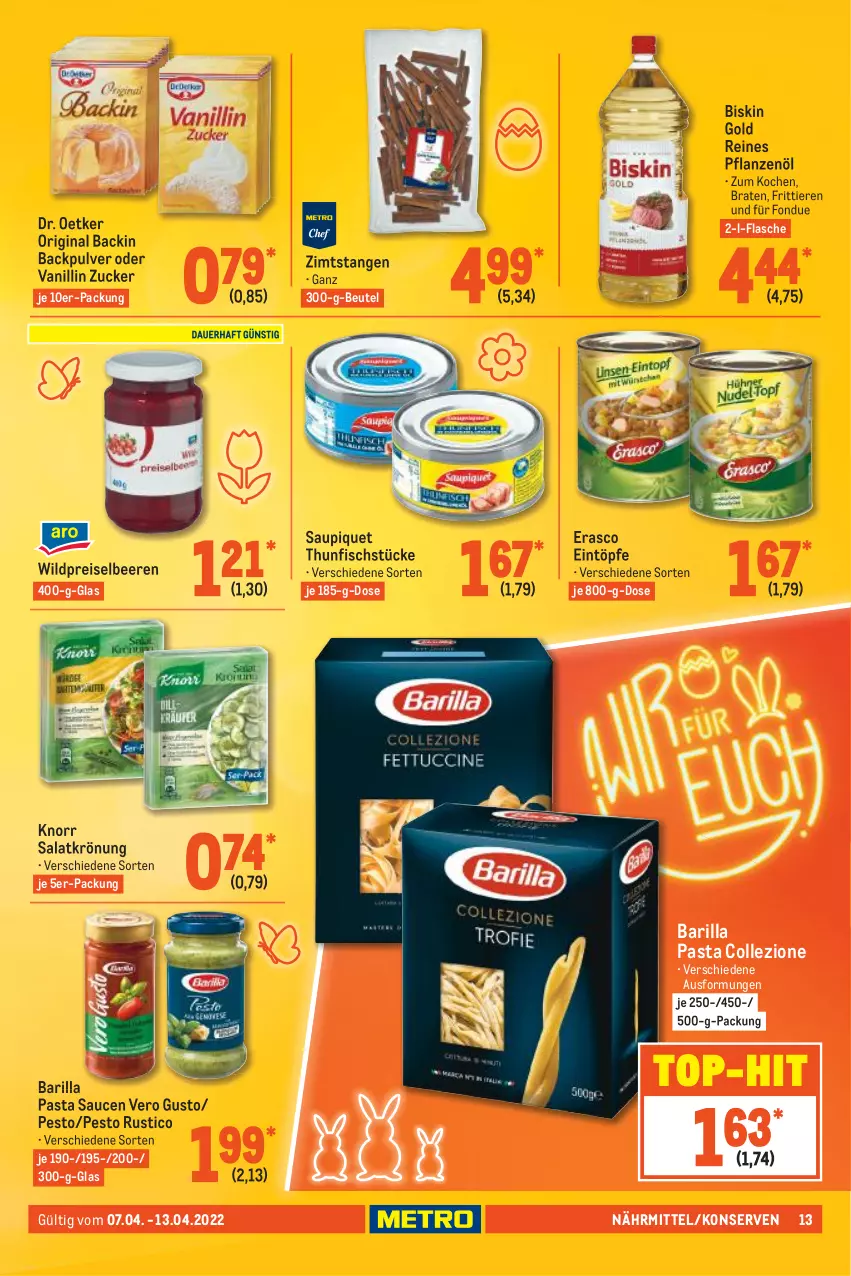 Aktueller Prospekt Metro - Food - von 07.04 bis 13.04.2022 - strona 13 - produkty: barilla, beere, beeren, beutel, braten, Dr. Oetker, eintöpfe, eis, erasco, fisch, flasche, Fondue, gin, knorr, Konserven, pasta, Pasta Sauce, pesto, pflanze, pflanzen, Pflanzenöl, reis, salat, salatkrönung, sauce, saucen, saupiquet, thunfisch, Ti, Tiere, top-hit, Wild, zucker