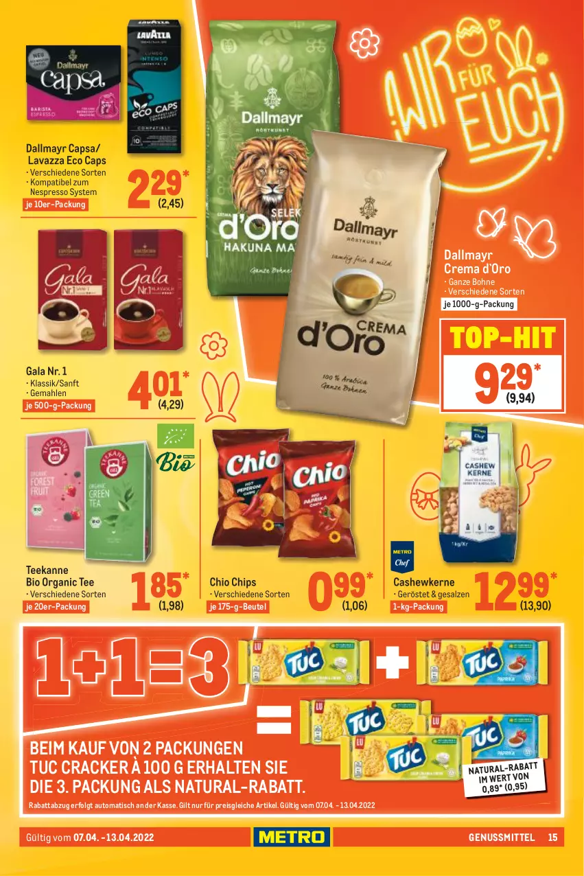 Aktueller Prospekt Metro - Food - von 07.04 bis 13.04.2022 - strona 15 - produkty: auto, beutel, bio, bohne, Cap, Cashew, cashewkerne, chio chips, chips, cracker, dallmayr, dallmayr capsa, eis, espresso, lavazza, LG, natur, natura, nespresso, nuss, reis, salz, tee, teekanne, Ti, tisch, top-hit, tuc