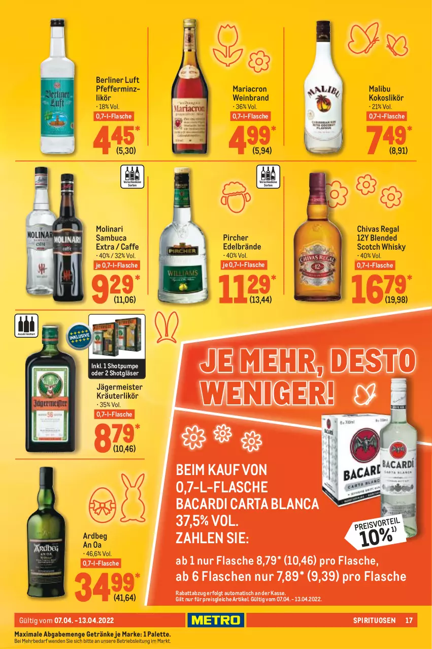 Aktueller Prospekt Metro - Food - von 07.04 bis 13.04.2022 - strona 17 - produkty: Ardbeg, auto, bacardi, berliner, berliner luft, blended scotch, blended scotch whisky, caffe, eis, flasche, Germ, getränk, getränke, Gläser, jägermeister, kokos, kräuter, kräuterlikör, LG, likör, Malibu, mariacron, Meister, Molinari, Palette, pfeffer, pfefferminzlikör, pircher, regal, reis, Ria, sambuca, scotch, scotch whisky, spirituosen, Ti, tisch, wein, weinbrand, whisky