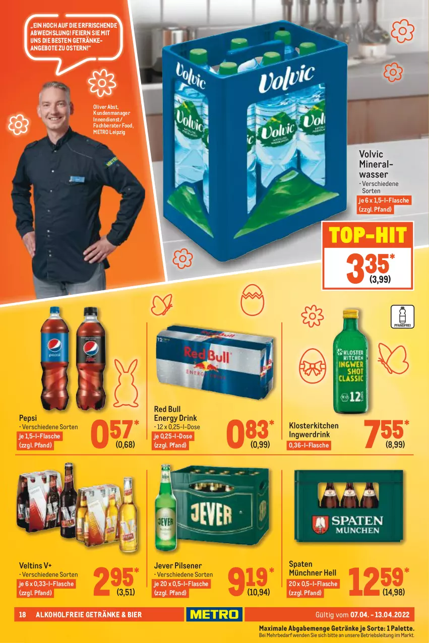 Aktueller Prospekt Metro - Food - von 07.04 bis 13.04.2022 - strona 18 - produkty: alkohol, alkoholfreie getränke, Alwa, angebot, angebote, bier, drink, eier, energy drink, flasche, getränk, getränke, ingwer, jever, jever pilsener, Metro, mineralwasser, olive, Palette, pepsi, pils, pilsener, red bull, Spaten, Ti, top-hit, veltins, volvic, wasser