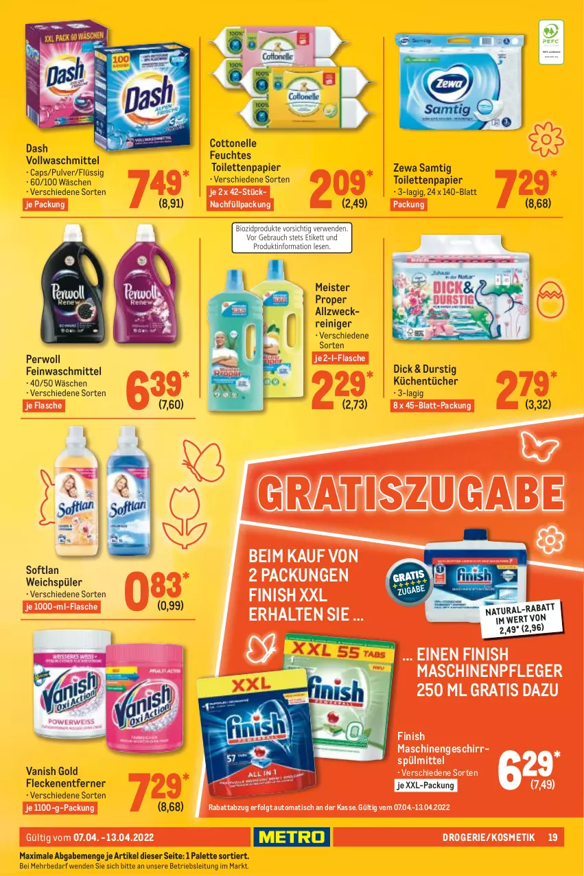 Aktueller Prospekt Metro - Food - von 07.04 bis 13.04.2022 - strona 19 - produkty: allzweckreiniger, auto, Cap, cottonelle, eis, elle, feinwaschmittel, feuchtes toilettenpapier, Finish, flasche, Fleckenentferner, geschirr, geschirrspülmittel, kosmetik, küche, Küchen, küchentücher, LG, Maschinenpfleger, Meister, meister proper, natur, natura, Palette, papier, perwoll, reiniger, Softlan, spülmittel, Ti, tisch, toilettenpapier, tücher, vanish, vollwaschmittel, waschmittel, weck, weichspüler, xxl-packung, zewa