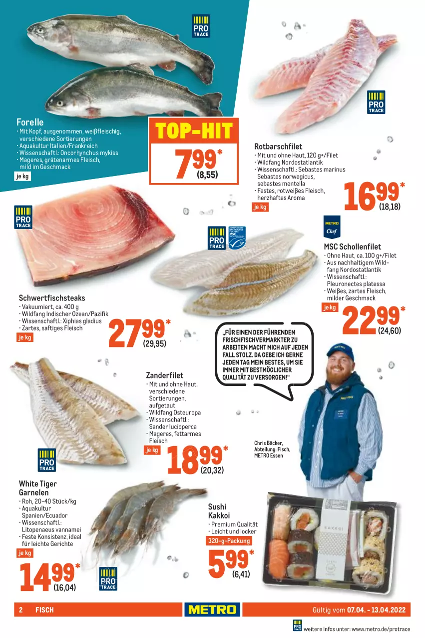 Aktueller Prospekt Metro - Food - von 07.04 bis 13.04.2022 - strona 2 - produkty: Abtei, aqua, eis, elle, ente, filet, fisch, fleisch, forelle, frischfisch, garnelen, mac, Metro, rel, Rotbarsch, rotbarschfilet, rwe, saft, scholl, steak, steaks, Sushi, Ti, top-hit, Wild, Zander