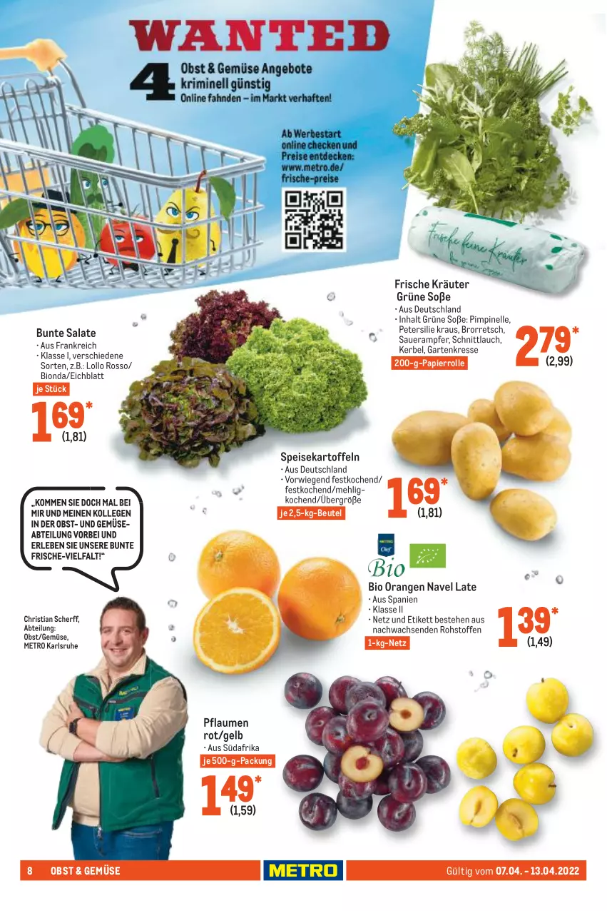 Aktueller Prospekt Metro - Food - von 07.04 bis 13.04.2022 - strona 8 - produkty: Abtei, auer, beutel, bio, bunte salate, eis, elle, Garten, Gartenkresse, kartoffel, kartoffeln, kräuter, mehl, Metro, obst, orange, orangen, papier, petersilie, pflaume, pflaumen, salat, salate, schnittlauch, Soße, speisekartoffeln, Ti, und gemüse