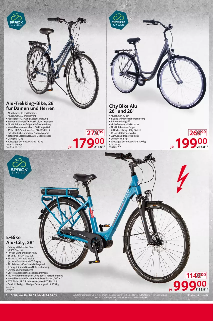 Aktueller Prospekt Selgros - Non Food - von 18.04 bis 24.04.2024 - strona 18 - produkty: akku, Bau, E-Bike, eis, elle, felgen, gabel, Kette, LG, lion, nabendynamo, nexus, rücklicht, rwe, sattel, sattelstütze, Schal, shimano, Ti