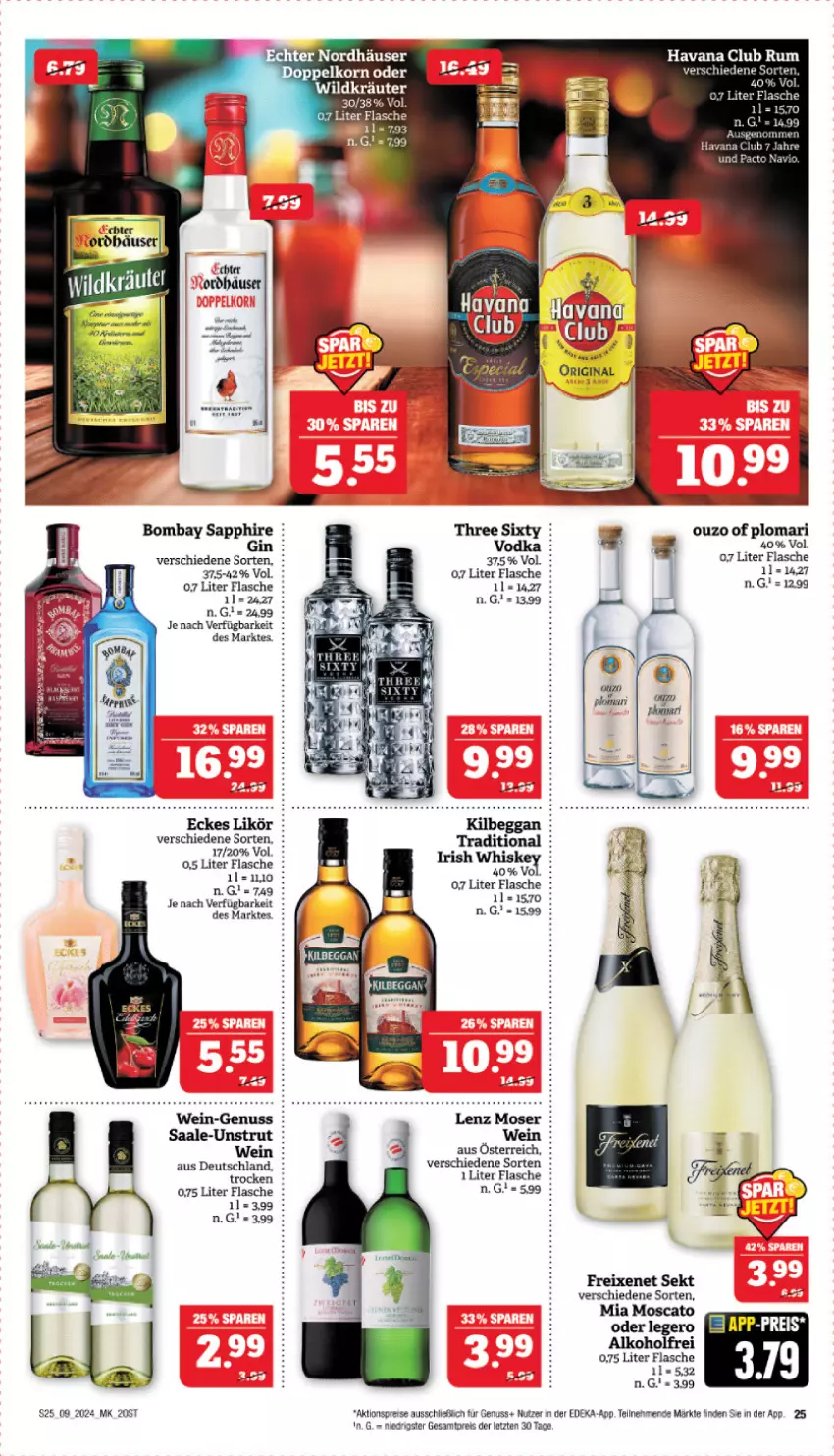 Aktueller Prospekt Marktkauf - Prospekt - von 25.02 bis 02.03.2024 - strona 25 - produkty: aktionspreis, alkohol, bombay sapphire, deka, eis, flasche, freixenet, gin, Havana Club, irish whiskey, kräuter, Lenz Moser, likör, moser, nuss, ouzo, reis, rum, sapphire, sekt, Three Sixty, Ti, vodka, wein, whiskey, Wild, ZTE