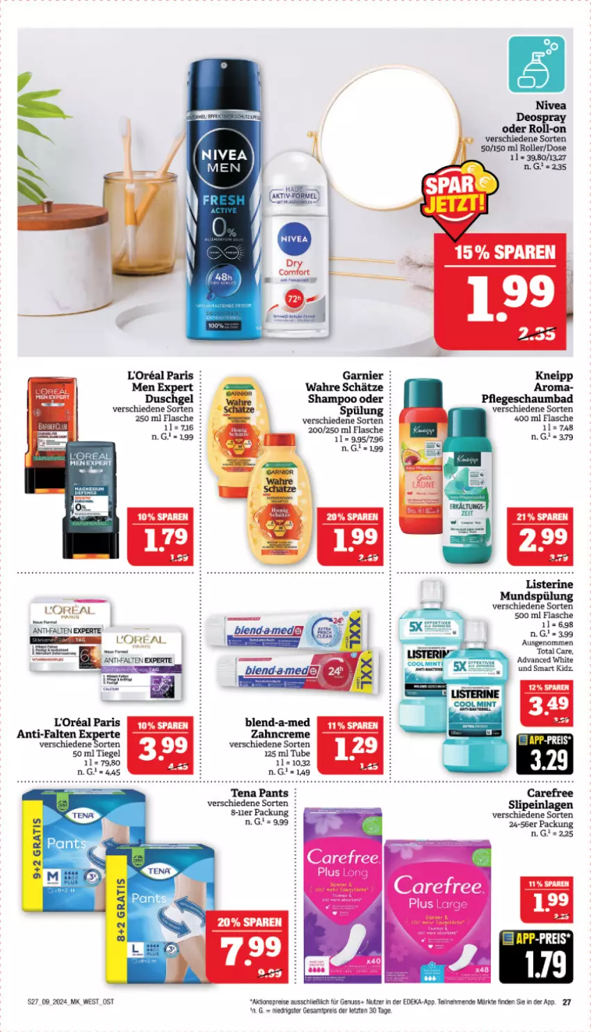 Aktueller Prospekt Marktkauf - Prospekt - von 25.02 bis 02.03.2024 - strona 27 - produkty: aktionspreis, anti-falten experte, Bad, blend-a-med, carefree, creme, deka, deo, deospray, duschgel, eis, flasche, garnier, kneipp, loreal, nuss, Pants, rasen, reis, roll-on, Roller, schaumbad, shampoo, slip, slipeinlagen, spülung, Ti, total care, Wahre Schätze, zahncreme, ZTE