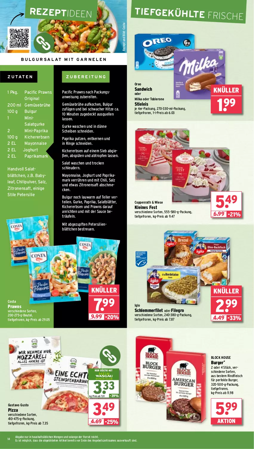 Aktueller Prospekt Wasgau - von 22.07 bis 27.07.2024 - strona 14 - produkty: angebot, Anrichte, beutel, Brühe, bulgur, burger, chili, Cif, coppenrath, eis, elle, erbsen, filegro, filet, fleisch, Gemüsebrühe, gin, gurke, iglo, joghur, joghurt, kichererbsen, leine, LG, mayonnaise, milka, oreo, paprika, petersilie, pizza, prawns, reis, rezept, rind, rindfleisch, ring, saft, salat, Salatgurke, salz, sandwich, sauce, Spülen, stieleis, teller, Ti, toblerone, Yo, zitrone, zitronen, zitronensaft