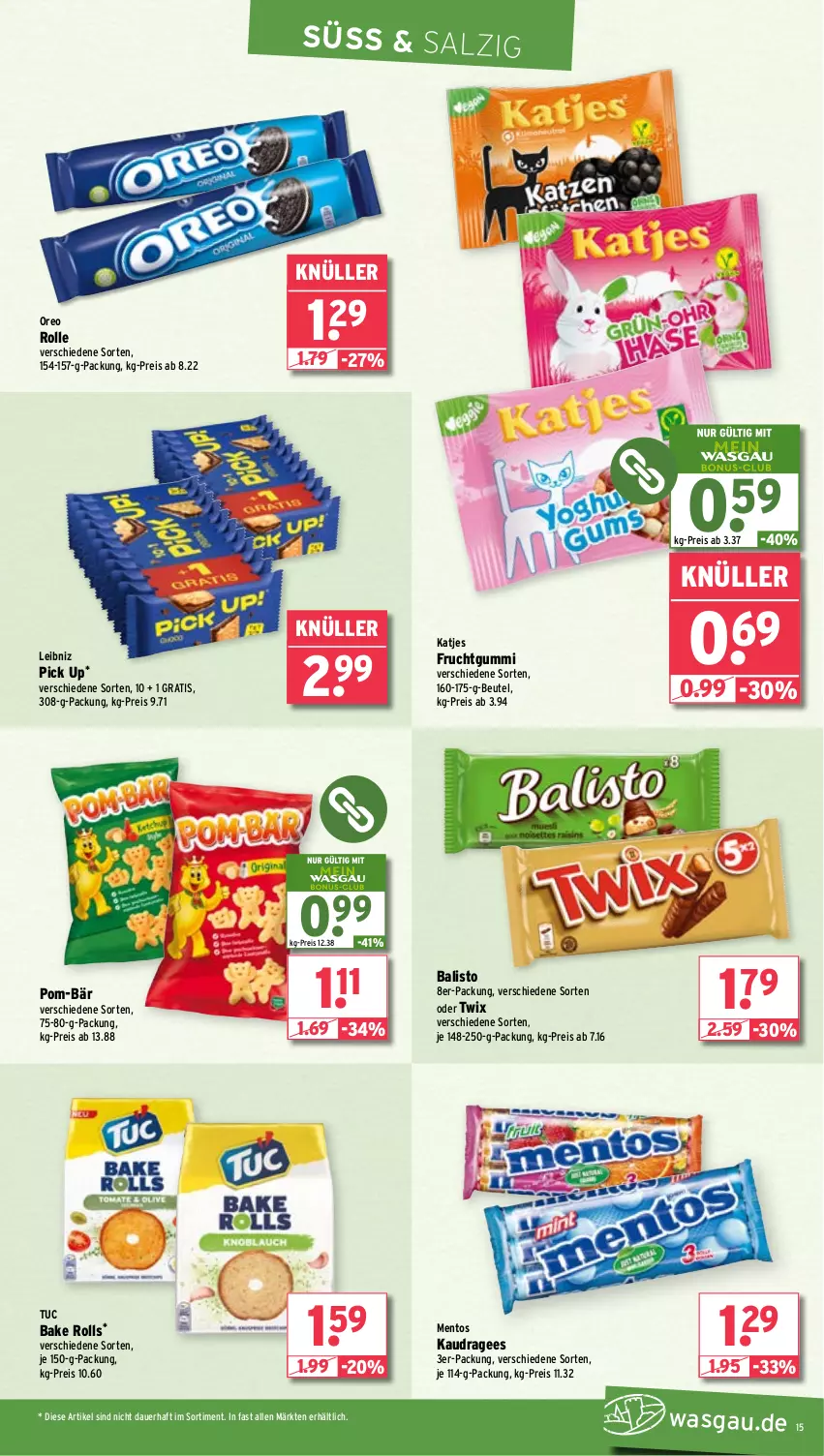 Aktueller Prospekt Wasgau - von 22.07 bis 27.07.2024 - strona 15 - produkty: auer, balisto, beutel, eis, frucht, fruchtgummi, katjes, leibniz, mentos, oder twix, oreo, pom-bär, reis, salz, Ti, tuc, twix