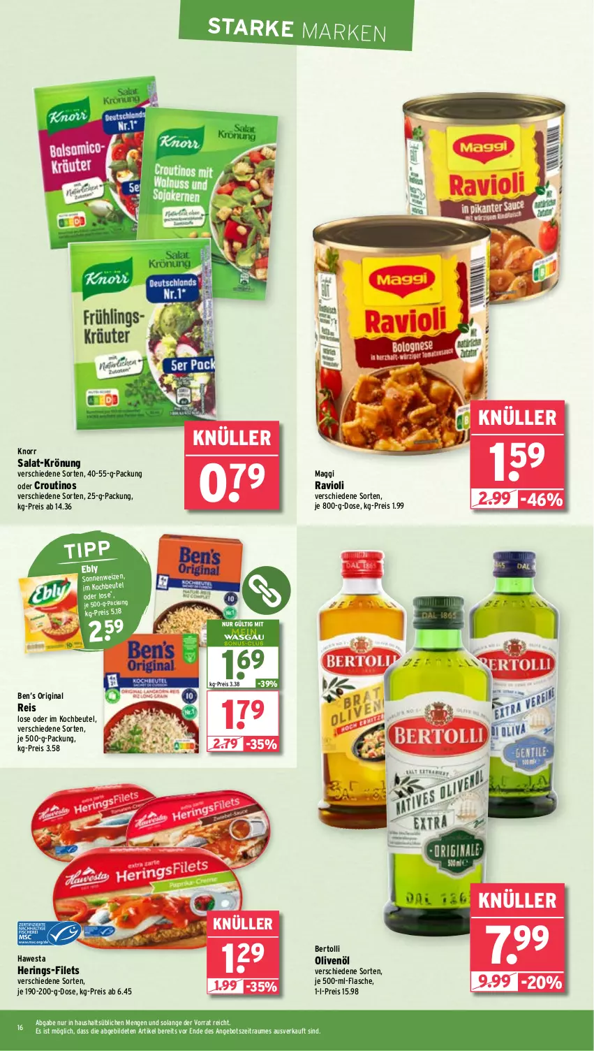 Aktueller Prospekt Wasgau - von 22.07 bis 27.07.2024 - strona 16 - produkty: angebot, Ben’s Original, bertolli, beutel, eis, filet, filets, flasche, gin, hawesta, hering, Herings, je 500-ml-flasche, knorr, kochbeutel, maggi, olive, oliven, olivenöl, ravioli, reis, ring, salat, Ti