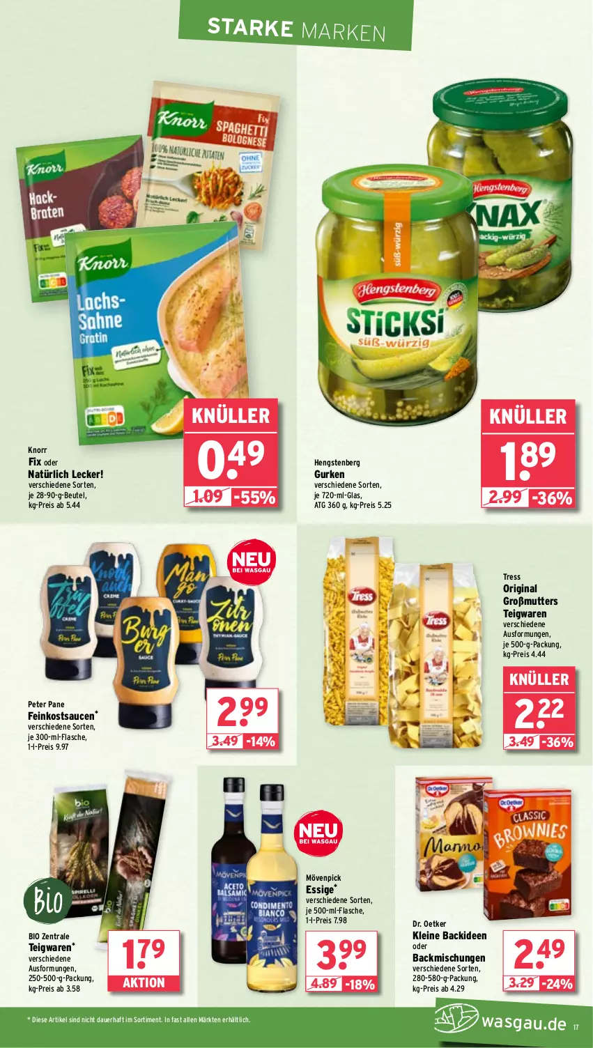 Aktueller Prospekt Wasgau - von 22.07 bis 27.07.2024 - strona 17 - produkty: auer, backmischung, Backmischungen, beutel, bio, Dr. Oetker, eis, essig, feinkost, flasche, gin, gurke, gurken, hengstenberg, Hengstenberg Gurken, je 500-ml-flasche, knorr, knorr fix, leine, mövenpick, reis, sauce, saucen, teigwaren, Ti