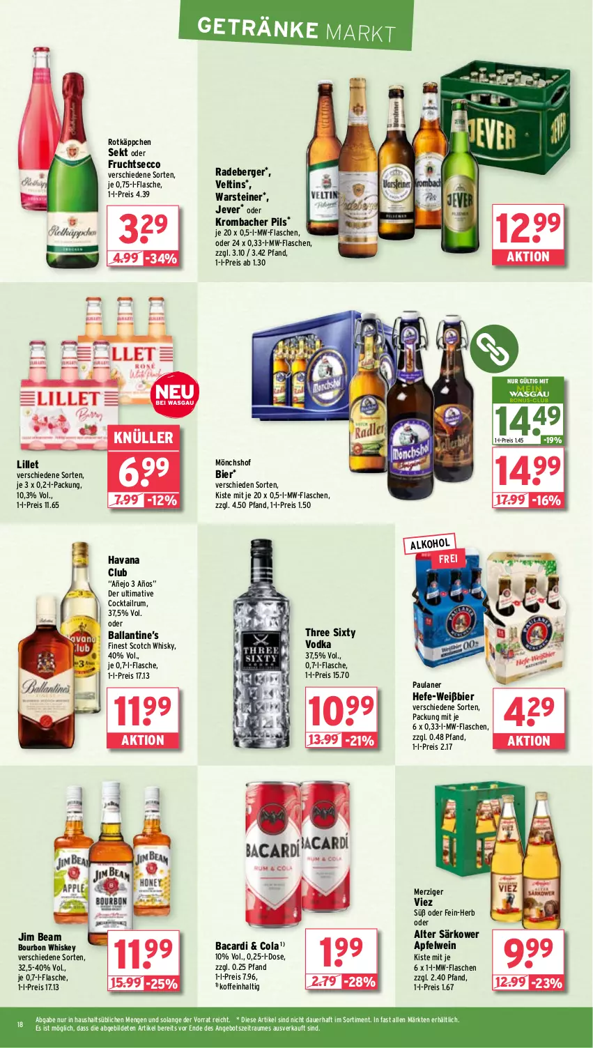 Aktueller Prospekt Wasgau - von 22.07 bis 27.07.2024 - strona 18 - produkty: alkohol, angebot, apfel, apfelwein, auer, bacardi, ball, Berger, bier, bourbon, bourbon whiskey, cocktail, cola, ecco, eis, flasche, frucht, fruchtsecco, getränk, getränke, Havana Club, Hefe, jever, jim beam, krombache, krombacher, krombacher pils, lillet, mönchshof, mw-flasche, Paula, paulaner, pils, radeberger, reis, rotkäppchen, rum, scotch, scotch whisky, sekt, steiner, Three Sixty, Ti, veltins, vodka, warsteiner, wein, whiskey, whisky