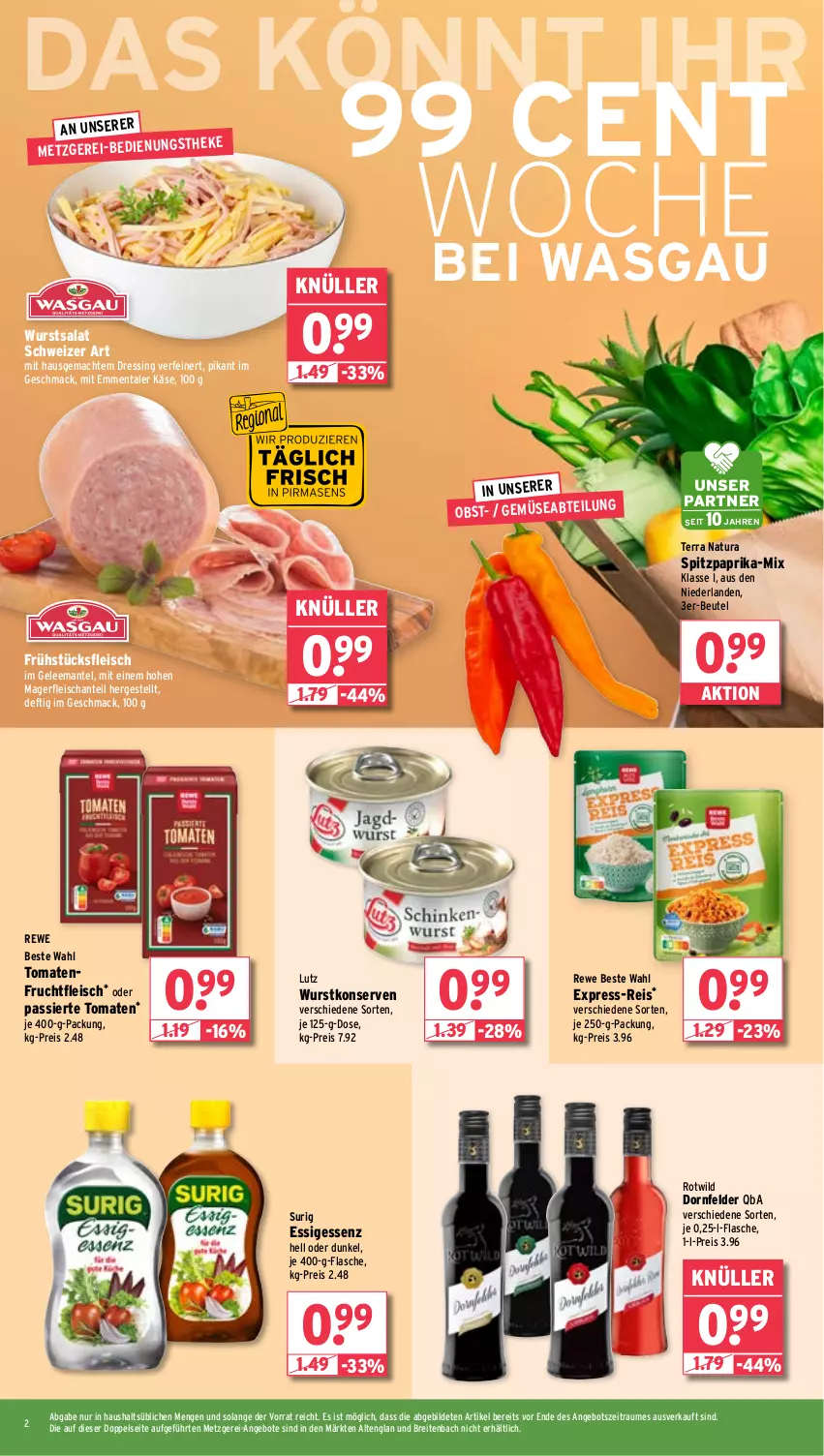 Aktueller Prospekt Wasgau - von 22.07 bis 27.07.2024 - strona 2 - produkty: Abtei, angebot, angebote, beutel, Brei, dornfelder, dressing, eis, emmentaler, essig, express-reis, flasche, fleisch, frucht, fruchtfleisch, frühstücksfleisch, gelee, je 250-g-packung, Käse, Konserven, mac, Mantel, natur, natura, obst, paprika, reis, rewe beste wahl, salat, Spitzpaprika, Ti, tomate, tomaten, Wild, wurst, wurstkonserven