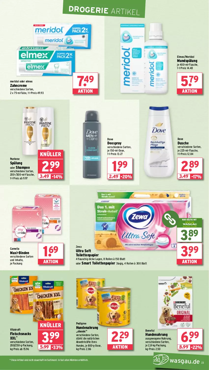 Aktueller Prospekt Wasgau - von 22.07 bis 27.07.2024 - strona 23 - produkty: auer, binden, camelia, creme, deo, deospray, dove, dusche, eis, elmex, flasche, fleisch, hundenahrung, kraft, meridol, mundspülung, pantene, papier, pedigree, reis, shampoo, snack, snacks, spülung, Ti, toilettenpapier, vita, vitakraft, zahncreme, zewa