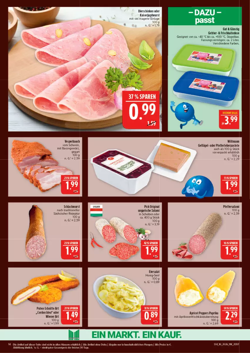 Aktueller Prospekt Marktkauf - Prospekt - von 01.03 bis 07.03.2026 - strona 14 - produkty: aprikose, aprikosen, bacon, bier, bierschinken, cordon bleu, eier, eiersalat, eis, elle, frischkäse, frischkäsezubereitung, Geflügel, gewürz, gin, honig, Honig-Senf, jagdwurst, Kaiser, Käse, lack, paprika, pastete, pute, reis, rezept, salami, salat, schinken, schwein, senf, Ti, wein, wiener, wiltmann, wurst, ZTE