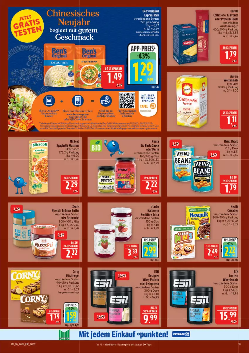 Aktueller Prospekt Marktkauf - Prospekt - von 01.03 bis 07.03.2026 - strona 19 - produkty: beanz, Belmandel, Ben’s Original, bio, butter, cerealien, chorizo, corny, eis, erdnuss, express-reis, gin, heinz, konfitüre, konfitüre extra, mac, mandel, mars, mehl, miracoli, müsli, Müsliriegel, natur, nuss, nusspli, pasta, Pasta Sauce, pesto, reis, riegel, sauce, Skyr, spaghetti, Ti, type 405, weizenmehl, Yo, zentis, ZTE