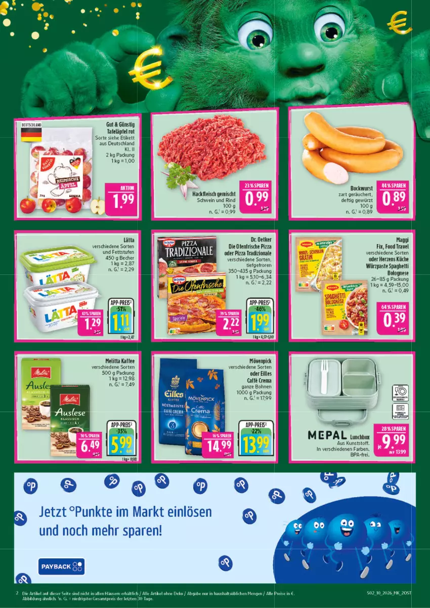 Aktueller Prospekt Marktkauf - Prospekt - von 01.03 bis 07.03.2026 - strona 2 - produkty: Becher, bockwurst, bohne, bohnen, bolognese, caffe, die ofenfrische, Dr. Oetker, eis, fleisch, gewürz, hackfleisch, hackfleisch gemischt, kaffee, küche, lätta, lunchbox, maggi, maggi fix, melitta, mövenpick, Ofen, pizza, pizza tradizionale, reis, rind, schwein, schwein und rind, spaghetti, spaghetti bolognese, tafeläpfel, tee, Ti, tradizionale, wein, wurst, ZTE
