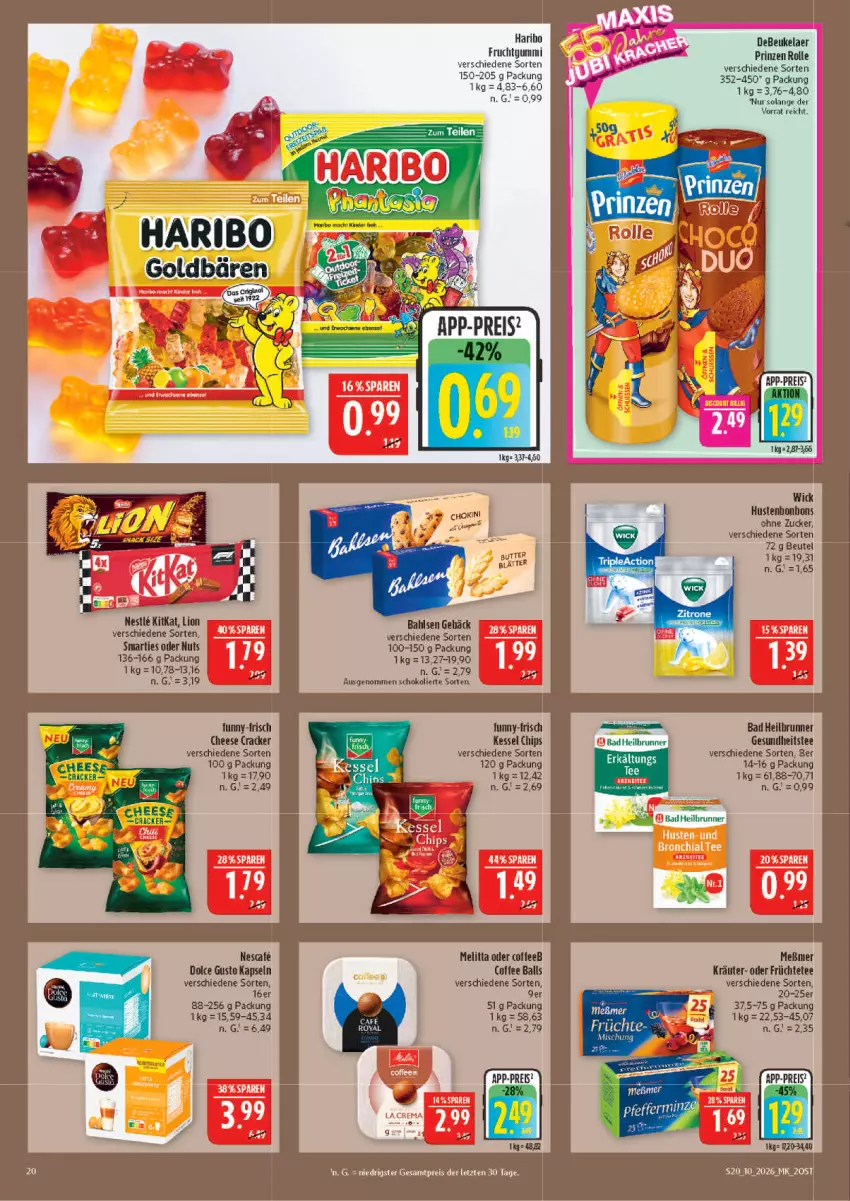 Aktueller Prospekt Marktkauf - Prospekt - von 01.03 bis 07.03.2026 - strona 20 - produkty: Bad, bahlsen, ball, beutel, bonbons, butter, chips, cracker, debeukelaer, dolce gusto, eis, ente, frucht, früchte, Früchtetee, fruchtgummi, Gesundheit, goldbären, haribo, Hustenbonbons, kitkat, kräuter, lion, melitta, Meßmer, prinzen rolle, reis, schoko, smarties, tee, Ti, ZTE, zucker