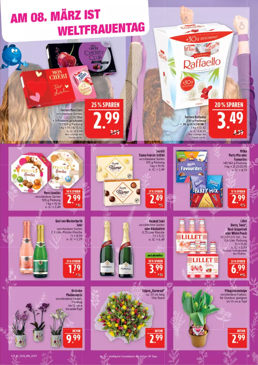 Aktueller Prospekt Marktkauf - Prospekt - von 01.03 bis 07.03.2026 - strona 21 - produkty: alkohol, ferrero, flasche, grapefruit, henkel, henkell, henkell sekt, lillet, merci, milka, orchidee, Pfingstrosen, phalaenopsis, pralinen, raffaello, rosen, saro, sarotti, sekt, Ti, tonic, topf, Trüffel, ZTE