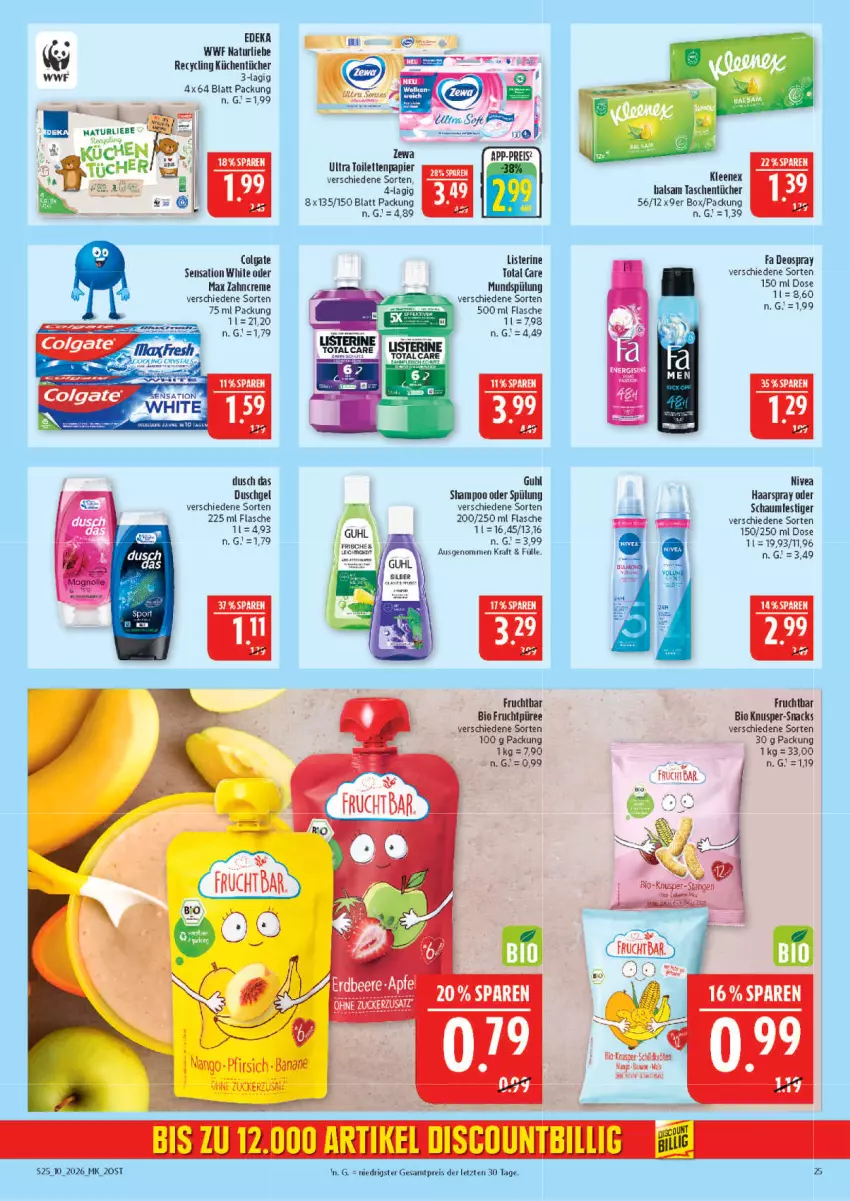 Aktueller Prospekt Marktkauf - Prospekt - von 01.03 bis 07.03.2026 - strona 25 - produkty: banane, Bau, bio, Clin, colgate, creme, deka, deo, deospray, duschgel, eis, flasche, frucht, Guhl, haarspray, kraft, küche, Küchen, küchentücher, LG, listerine, mundspülung, natur, nivea, papier, pfirsich, püree, reis, schaumfestiger, shampoo, shampoo oder spülung, snack, snacks, spülung, Tasche, taschen, taschentücher, Ti, toilettenpapier, total care, tücher, zahncreme, ZTE, zucker