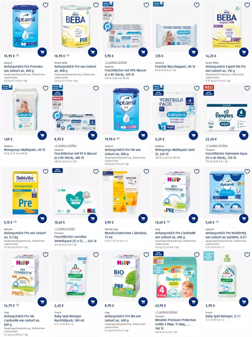 Aktueller Prospekt Dm Drogerie - Prospekte - von 19.05 bis 25.05.2022 - strona 8 - produkty: aqua, Babylove, Beba, bebivita, bio, Calendula, creme, feuchttücher, Frosch, hipp, lebensmittel, milch, pampers, reiniger, Reinigung, Schutzcreme, Ti, tisch, tücher, vita, waschlappen, wasser, wattepads, weleda, windeln, Yo