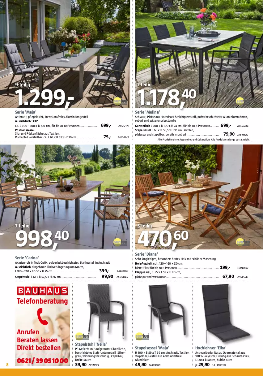 Aktueller Prospekt Bauhaus - Prospekte - von 01.04 bis 29.04.2023 - strona 8 - produkty: ACC, accessoires, aluminiumgestell, Bau, Brei, dekoration, elle, ente, Garten, gartentisch, Holz, klappsessel, lack, latte, LG, natur, Ria, sessel, stapelsessel, stapelstuhl, stuhl, telefon, Ti, tisch