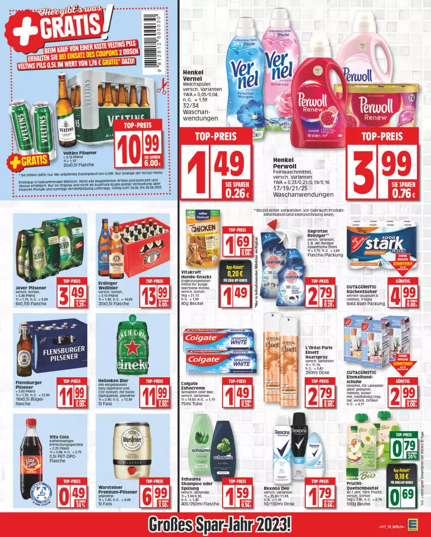 Aktueller Prospekt Edeka - Angebote der Woche - von 17.04 bis 22.04.2023 - strona 15 - produkty: arla, Bau, beutel, bier, bio, Brei, bügel, burger, cola, colgate, creme, deka, deo, eis, elnett, erdinger, erfrischungsgetränk, feinwaschmittel, flasche, flensburger, frucht, getränk, gin, haarspray, heineken, henkel, jever, jever pilsener, kraft, küche, Küchen, küchentücher, LG, loreal, perwoll, pils, pilsener, quetschbeutel, Rauch, reiniger, reis, rel, rexona, rwe, sagrotan, schauma, schauma shampoo, schuhe, shampoo, shampoo oder spülung, snack, snacks, spülung, steiner, Ti, tücher, veltins, veltins pilsener, vernel, vita, Vita C, vitakraft, warsteiner, waschmittel, wc-reiniger, weichspüler, Yo, zahncreme, ZTE