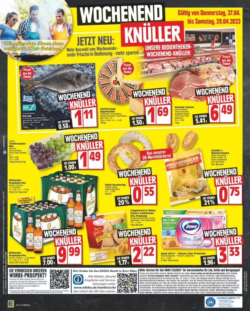 Aktueller Prospekt Edeka - Angebote der Woche - von 17.04 bis 22.04.2023 - strona 16 - produkty: angebot, angebote, appenzeller, arla, auer, beutel, bitburger, brötchen, burger, Cap, coppenrath, deka, Dorade, eis, elle, Engel, flasche, geback, Goldstücke, grill, Hefe, Heu, Käse, kasseler, LG, Liege, mac, Meister, papier, pils, reis, rel, ring, salz, schnittkäse, schwein, schweizer schnittkäse, sesam, Sesamring, sim, Spezi, tafeltrauben, telefon, Ti, trauben, uhr, wein, xxl-packung, zewa, ZTE