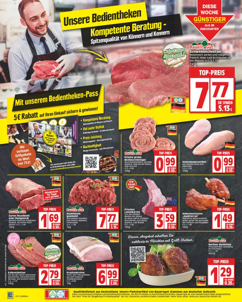 Aktueller Prospekt Edeka - Angebote der Woche - von 17.04 bis 22.04.2023 - strona 4 - produkty: auer, Bau, Bauer, beef, berliner, braten, bratwurst, discount, eis, fleisch, gewürz, grill, hackfleisch, hackfleisch gemischt, hähnchenbrust, hirtenkäse, jungbullen, kalbsschnitzel, Käse, lamm, mac, nuss, oder rumpsteak, pfanne, reis, rel, rind, ring, roastbeef, rum, rumpsteak, rwe, Schal, Schale, schnitten, schnitzel, schwein, schwein und rind, schweine, schweinefleisch, schweineschnitzel, steak, Tasche, Ti, tomate, tomaten, top-preis, wein, weine, wurst, ZTE