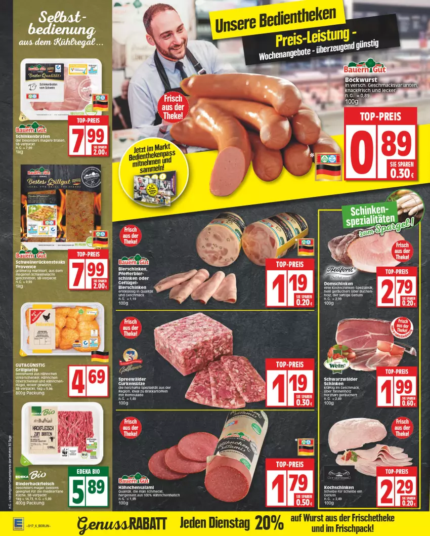 Aktueller Prospekt Edeka - Angebote der Woche - von 17.04 bis 22.04.2023 - strona 6 - produkty: angebot, angebote, auer, Bau, Bauer, bio, braten, buch, deka, edeka bio, eis, fleisch, Geflügel, gurke, gurken, hackfleisch, Holz, kochschinken, küche, lachs, latte, mac, nuss, reis, remoulade, rind, rinder, rinderhackfleisch, Rückensteak, rückensteaks, saft, salami, schinken, schinkenbraten, schnitten, schwein, schweine, schweinerücken, steak, steaks, tee, Ti, top-preis, wein, weine, ZTE