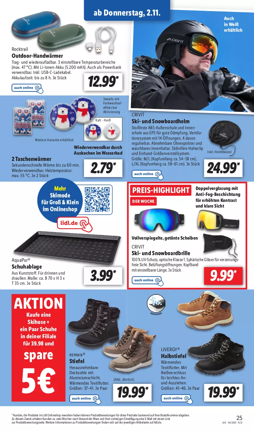 Aktueller Prospekt Lidl - Aktionsprospekt - von 30.10 bis 04.11.2023 - strona 35 - produkty: akku, aqua, AquaPur, Bad, Bank, beutel, Brille, crivit, decksohle, deka, eis, elle, esmara, Gläser, hose, ladekabel, livergy, Mode, paar schuhe, powerbank, reis, Ria, rwe, Schal, Schale, schuhe, Skibrille, Snowboardbrille, spiegel, Tasche, taschen, Ti, tisch, usb, uv-schutz, wasser, weck, ZTE