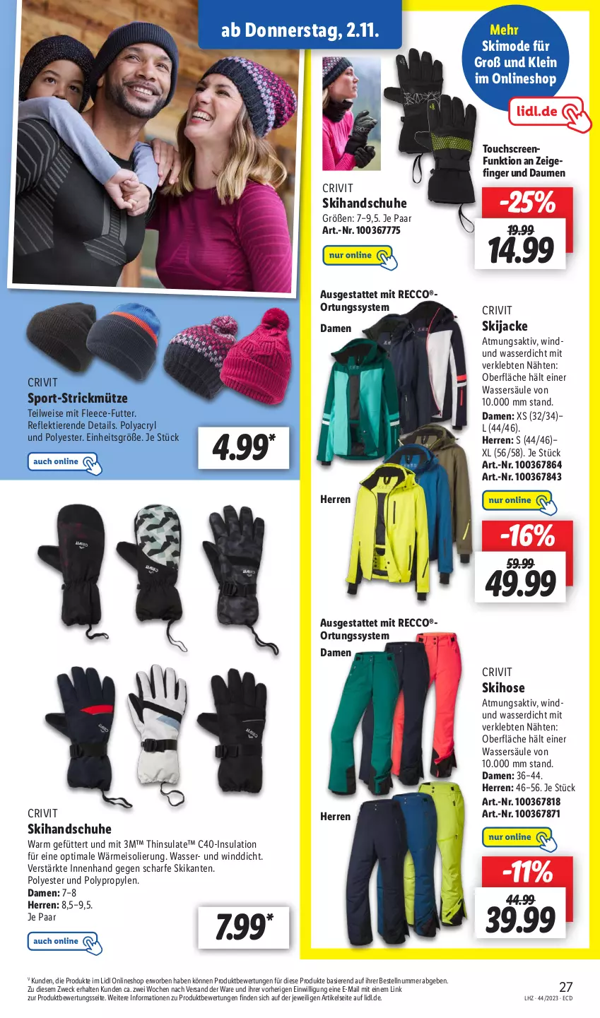 Aktueller Prospekt Lidl - Aktionsprospekt - von 30.10 bis 04.11.2023 - strona 37 - produkty: crivit, ecco, eis, gefu, handschuhe, hose, Jacke, Mode, schuhe, Skihandschuhe, Sport, Ti, Tiere, touchscreen, wasser, weck