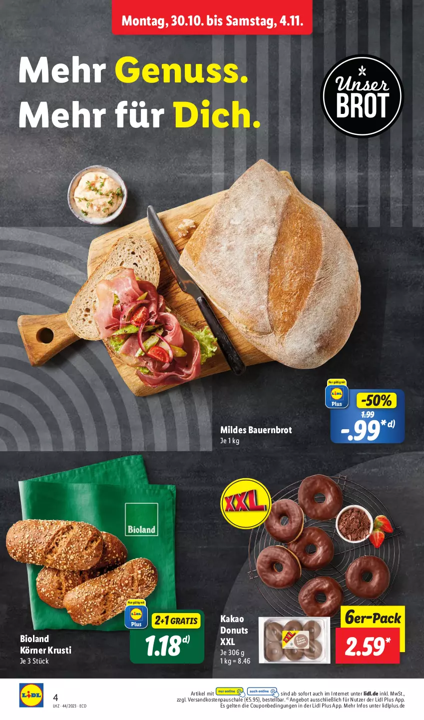 Aktueller Prospekt Lidl - Aktionsprospekt - von 30.10 bis 04.11.2023 - strona 4 - produkty: angebot, auer, Bau, Bauer, bio, bioland, brot, coupon, Donut, donuts, kakao, ndk, nuss, Schal, Schale, Ti