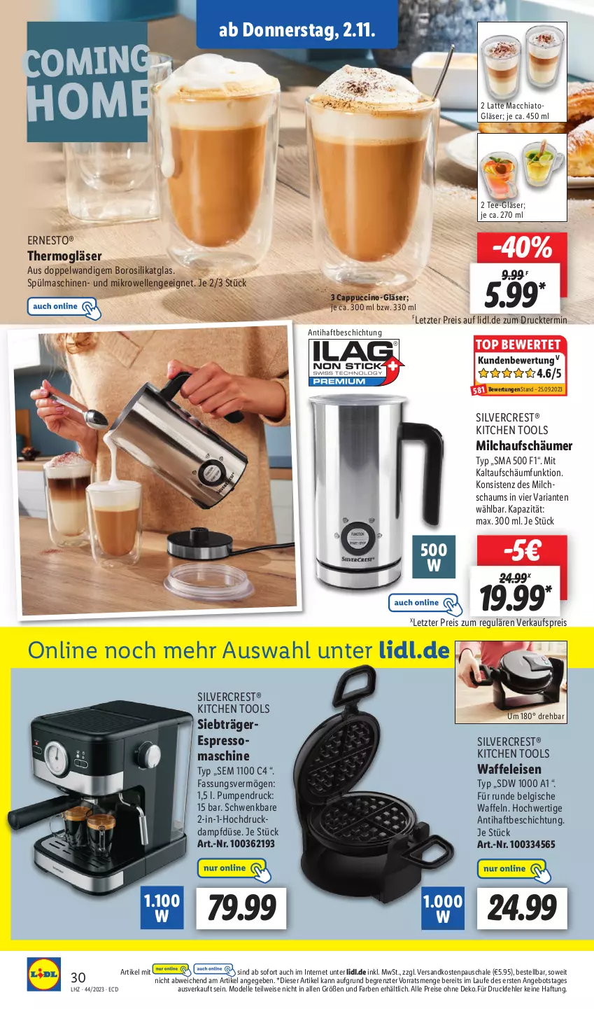 Aktueller Prospekt Lidl - Aktionsprospekt - von 30.10 bis 04.11.2023 - strona 44 - produkty: ACC, angebot, Cap, cappuccino, chia, cin, dell, eis, elle, ernesto, espresso, Gläser, latte, latte macchiato, LG, mac, macchiato, mikrowelle, milch, Mode, ndk, reis, Ria, Schal, Schale, silvercrest, spülmaschinen, tee, Thermogläser, Ti, Waffeleisen, waffeln, ZTE