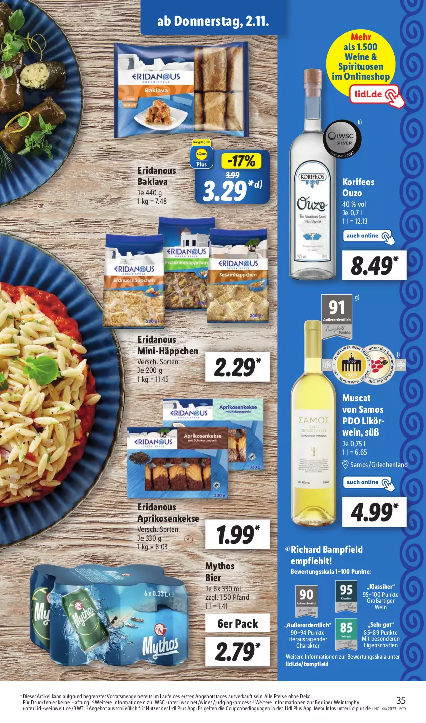 Aktueller Prospekt Lidl - Aktionsprospekt - von 30.10 bis 04.11.2023 - strona 49 - produkty: angebot, aprikose, aprikosen, Baklava, berliner, bier, coupon, eis, gin, keks, kekse, likör, muscat, Mythos, ouzo, reis, rwe, spirituosen, Ti, wein, weine, ZTE