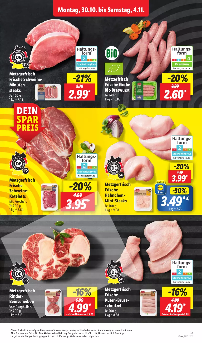 Aktueller Prospekt Lidl - Aktionsprospekt - von 30.10 bis 04.11.2023 - strona 5 - produkty: aktionspreis, angebot, bio, bratwurst, coupon, eis, Frische Hähnchen, jungbullen, kotelett, minutensteaks, pute, reis, rind, rinder, schnitzel, schwein, schweine, schweinekotelett, steak, steaks, Ti, wein, weine, wurst, ZTE