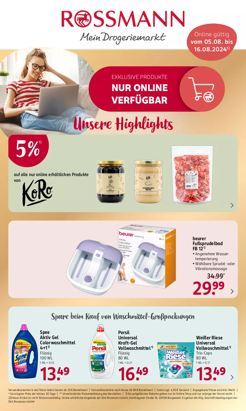 Aktueller Prospekt Rossmann - Prospekte - von 05.08 bis 16.08.2024 - strona 1 - produkty: aktiv gel, angebot, angebote, Bad, beurer, Cap, colorwaschmittel, eis, elle, Fußsprudelbad, kraft, LG, ndk, persil, reis, spee, Sprudel, Sprudelbad, teller, Ti, versandkostenfrei, vollwaschmittel, waschmittel, wasser, wedel, ZTE