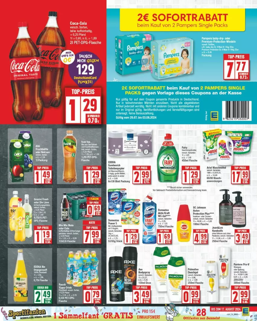 Aktueller Prospekt Edeka - Prospekte - von 29.07 bis 03.08.2024 - strona 15 - produkty: Autan, bier, body, bodyspray, cin, coupon, coupons, deka, fairy, flasche, olive, palmolive, pampers, pantene, papier, Ria, sekt, sofortrabatt, Ti, toilettenpapier