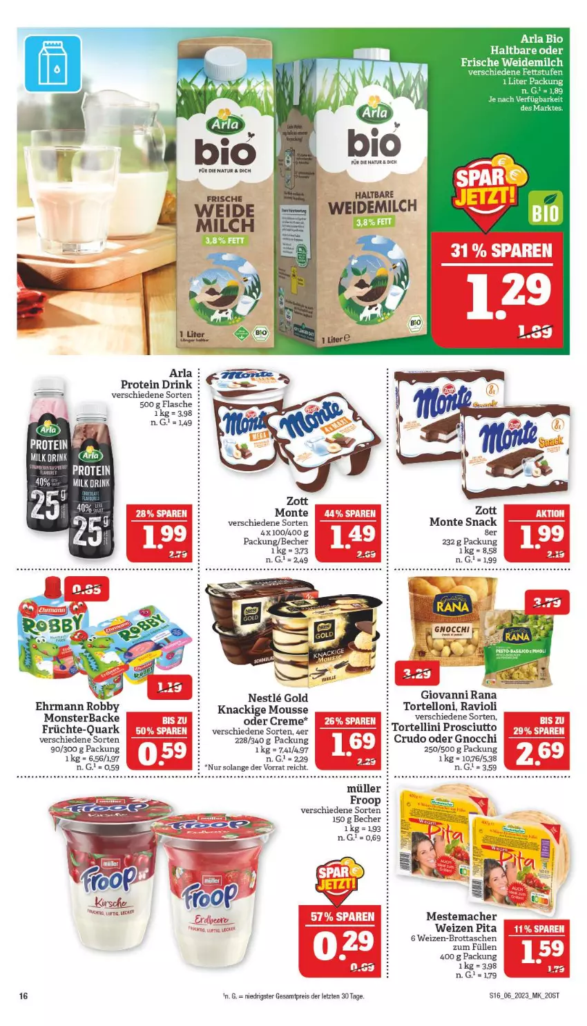 Aktueller Prospekt Marktkauf - Prospekt - von 05.02 bis 11.02.2023 - strona 16 - produkty: arla, Becher, bio, brot, creme, drink, ehrmann, eis, flasche, froop, früchte, gnocchi, Knackige Mousse, mac, mestemacher, milch, monster, monte, mousse, Müller, natur, prosciutto, quark, Rana, ravioli, reis, robby, snack, Tasche, taschen, torte, tortellini, tortelloni, weidemilch, zott, ZTE