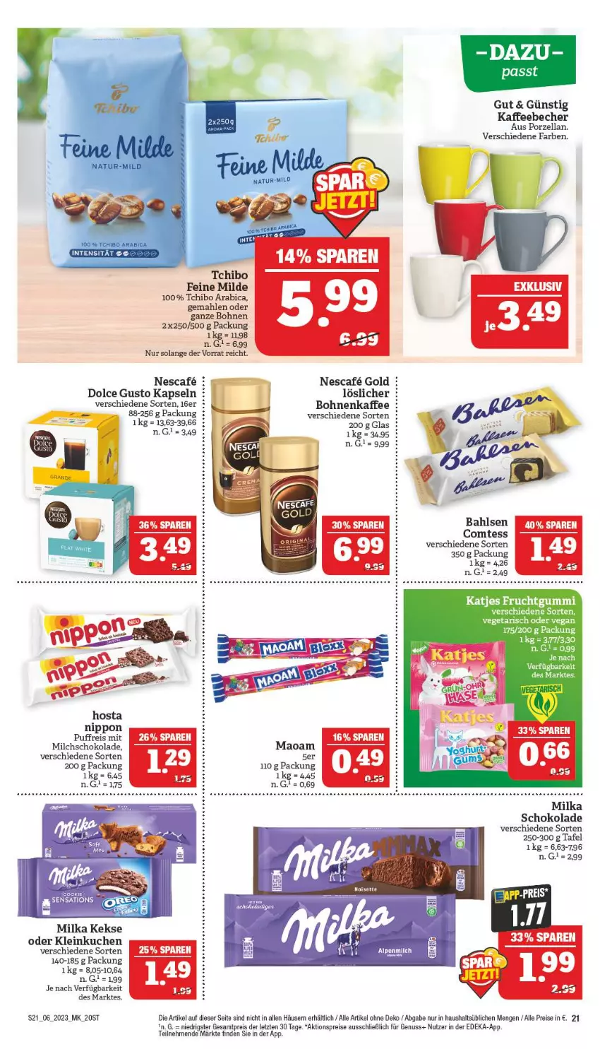 Aktueller Prospekt Marktkauf - Prospekt - von 05.02 bis 11.02.2023 - strona 21 - produkty: aktionspreis, bahlsen, Becher, bohne, bohnen, bohnenkaffee, comtess, deka, dolce gusto, eis, frucht, fruchtgummi, kaffee, kaffeebecher, katjes, keks, kekse, kuchen, maoam, milch, milka, milka schokolade, nuss, reis, schoko, schokolade, sensations, Tchibo, Ti, ZTE