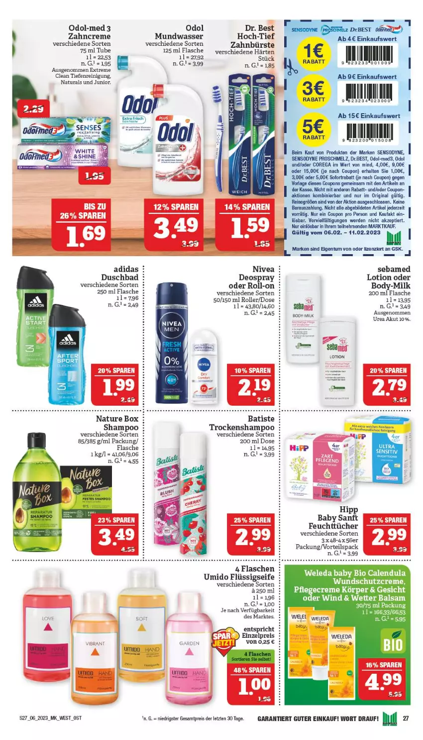 Aktueller Prospekt Marktkauf - Prospekt - von 05.02 bis 11.02.2023 - strona 27 - produkty: Adidas, Bad, bio, body, bürste, Calendula, coupon, coupons, creme, deo, deospray, Dr. Best, duschbad, eis, erde, flasche, flüssigseife, gin, hipp, Lotion, mundwasser, natur, natura, nature box, nivea, Odol, Odol-med 3, Reinigung, reis, roll-on, Roller, Schutzcreme, sebamed, Seife, sensodyne, shampoo, sofortrabatt, Ti, Trockenshampoo, wasser, weleda, zahnbürste, zahncreme, ZTE