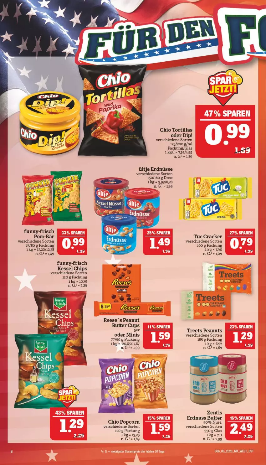 Aktueller Prospekt Marktkauf - Prospekt - von 05.02 bis 11.02.2023 - strona 6 - produkty: butter, chips, cracker, dip, erdnuss, erdnüsse, funny-frisch, nuss, peanut butter, pom-bär, popcorn, Ti, tortilla, tortillas, tuc, ültje, ültje erdnüsse, Vase, Yo, zentis