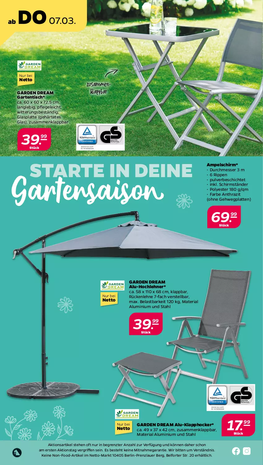 Aktueller Prospekt Netto - Woche 10 - von 04.03 bis 09.03.2024 - strona 2 - produkty: ampelschirm, auer, blume, blumen, Garten, gartentisch, glasplatte, hocker, latte, messer, pflanze, pflanzen, Ria, Rippen, rückenlehne, schirmständer, Ti, tisch, topf, ZTE