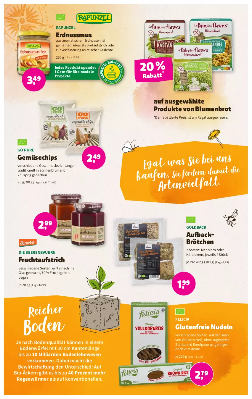 Aktueller Prospekt Denns Biomarkt - Prospekte - von 12.04 bis 25.04.2023 - strona 6 - produkty: auer, aufstrich, Bau, Bauer, beere, beeren, bio, blume, blumen, blumenöl, brot, brotaufstrich, brötchen, chips, eis, elle, ente, erdnuss, erdnüsse, erdnüssen, frucht, fruchtaufstrich, geback, korn, Kürbis, LG, mac, nudel, nudeln, nuss, regal, reis, sonnenblume, sonnenblumen, sonnenblumenöl, Ti, tisch, würfel, ZTE